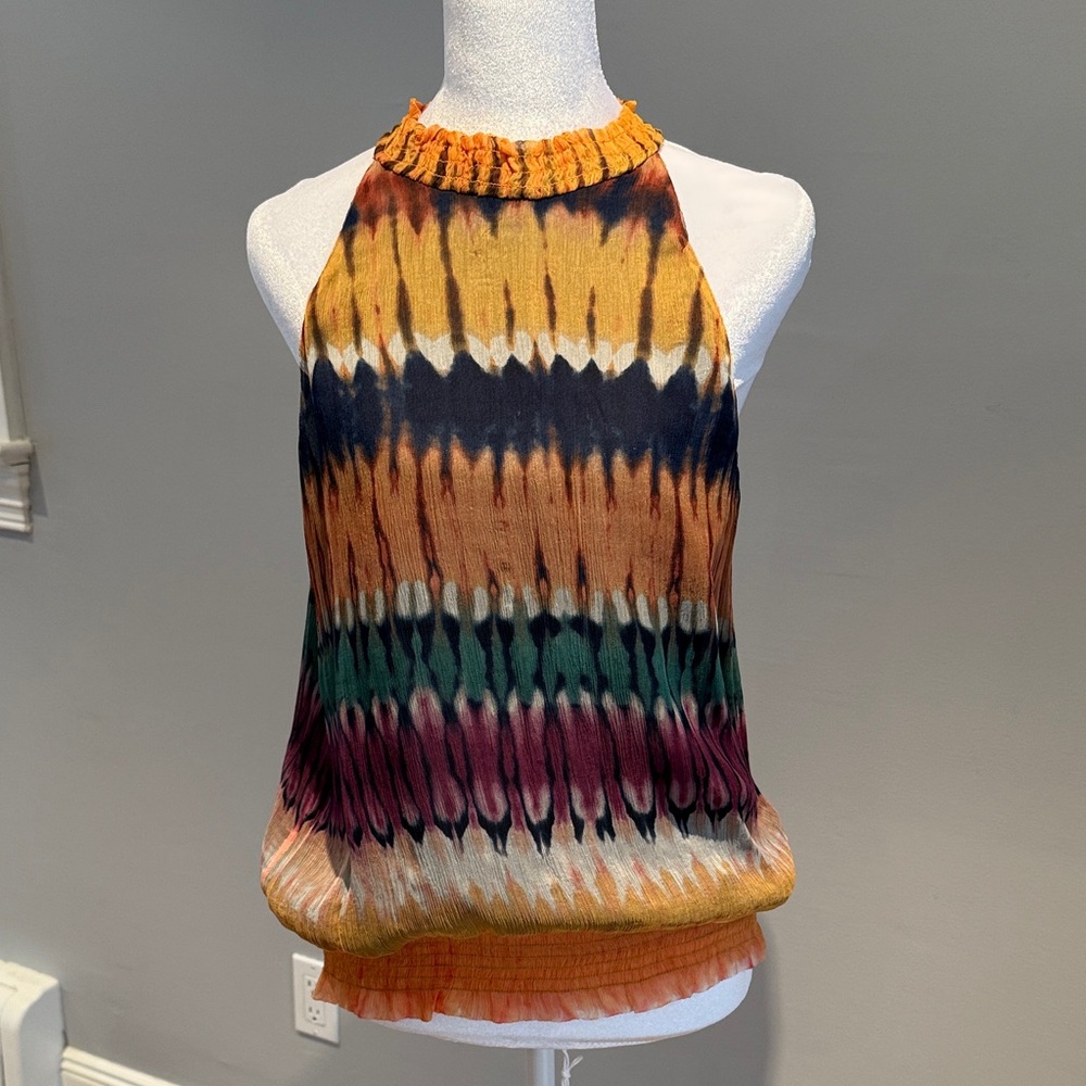 Ecru Orange and Black Tie-Dye Halter Top
